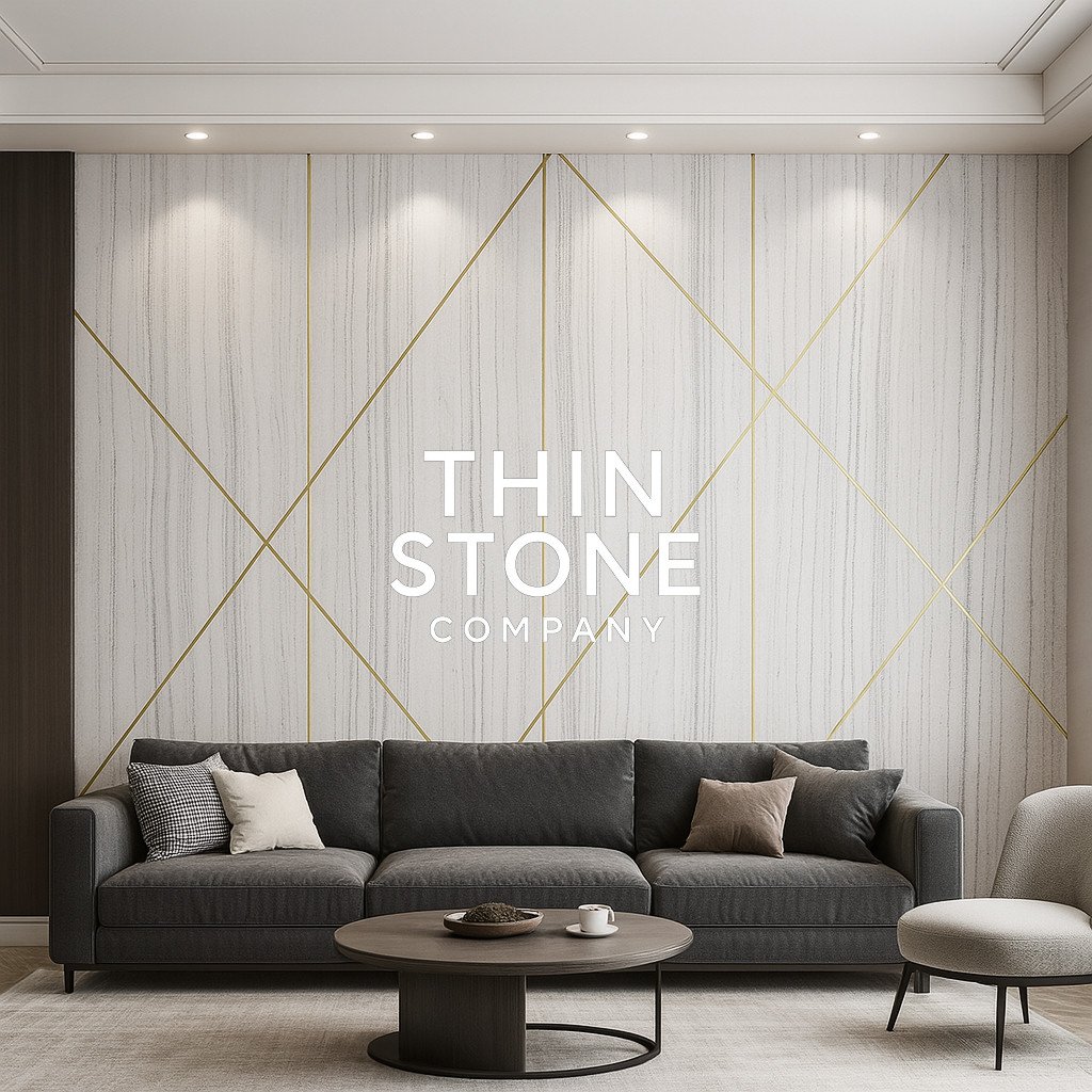 Equator White Marble Veneer installed on Living Room accent wall