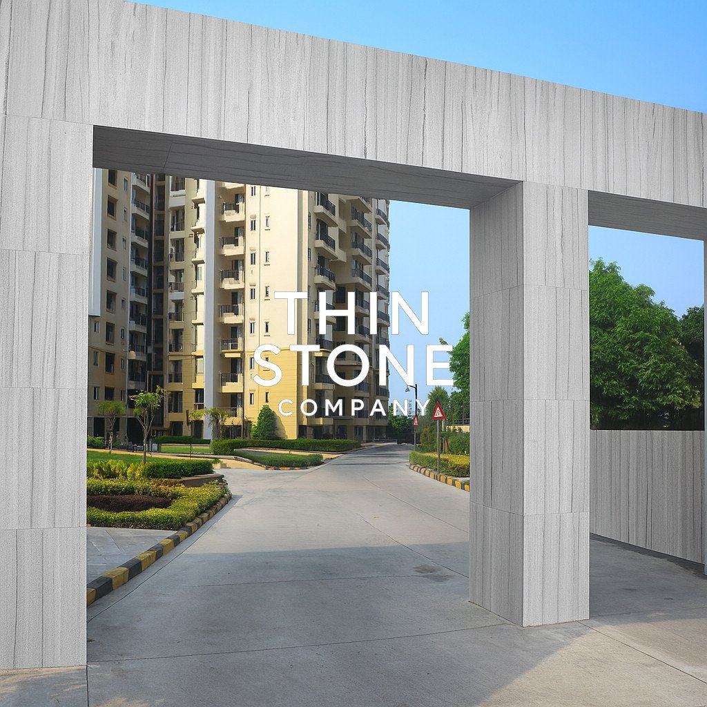 White Marble Flexible stone veneer on an entrance Arch of apartment building