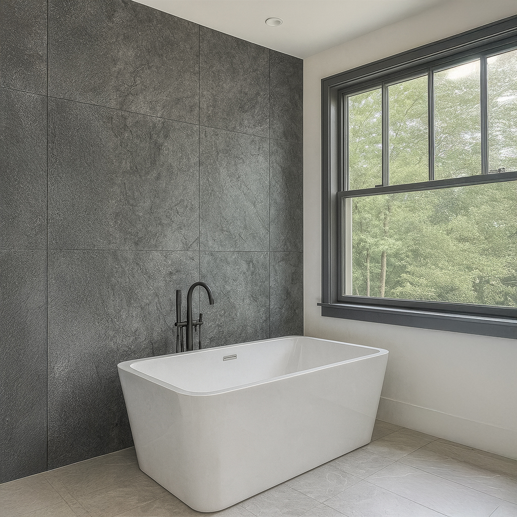 Silver Grey slate veneer by Ryan Stone Creations used on bathroom Wall