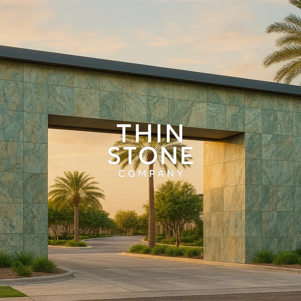 Jeera Green flexible slate stone veneer used on society entrance gate