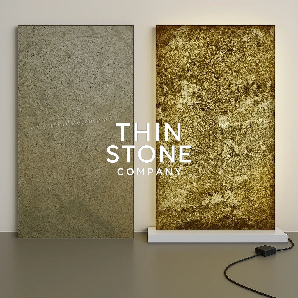 Jeera Green translucent stone veneer backlit effect