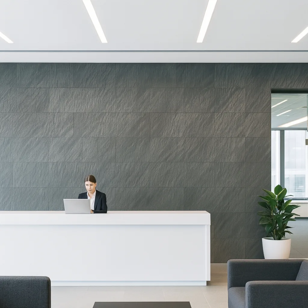 Silver galaxy stone veneer - flexible stone veneer sheet used on reception wall