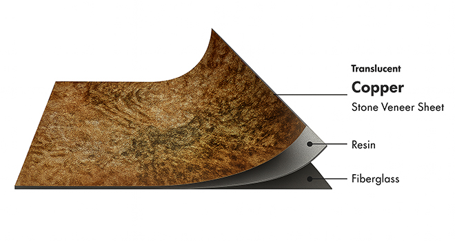 Copper Translucent flexible stone veneer layers with real stone, resin and fiberglass by Ryan Stone Creations
