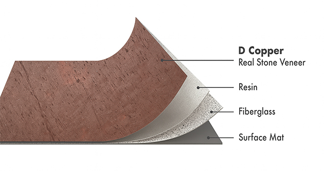 D Copper Slate flexible stone veneer layers with real stone, resin, fiberglass, and surface mat by Ryan Stone Creations