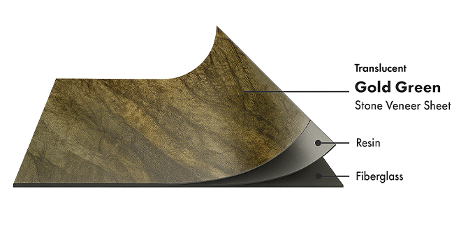 Deoli Green Translucent flexible stone veneer layers with real stone, resin and fiberglass by Ryan Stone Creations