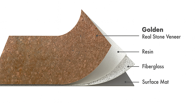 Golden Slate flexible stone veneer layers with real stone, resin, fiberglass, and surface mat by Ryan Stone Creations