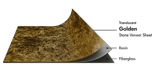 Golden Translucent flexible stone veneer layers with real stone, resin and fiberglass by Ryan Stone Creations