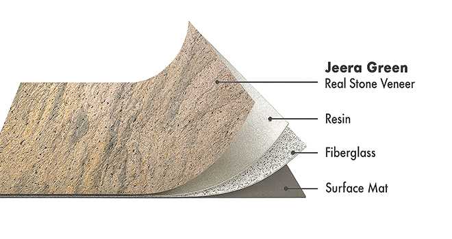 Jeera Green Slate flexible stone veneer layers with real stone, resin, fiberglass, and surface mat by Ryan Stone Creations