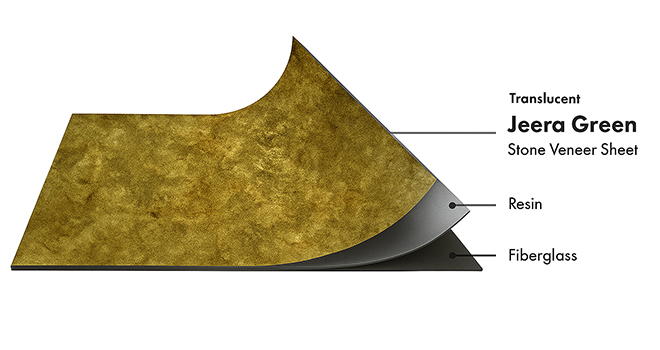 Jeera Green Translucent flexible stone veneer layers with real stone, resin and fiberglass by Ryan Stone Creations
