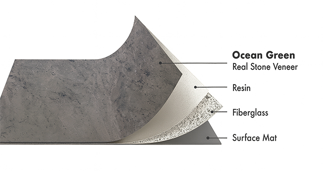 Ocean Green Slate flexible stone veneer layers with real stone, resin, fiberglass, and surface mat by Ryan Stone Creations