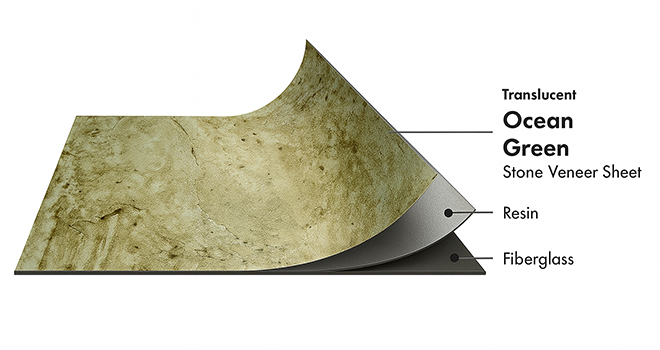 Ocean Green Translucent flexible stone veneer layers with real stone, resin and fiberglass by Ryan Stone Creations