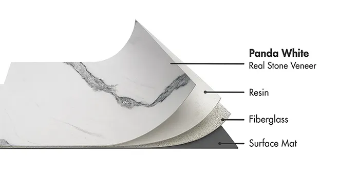 Panda White Marble flexible stone veneer layers with real stone, resin, fiberglass, and surface mat by Ryan Stone Creations