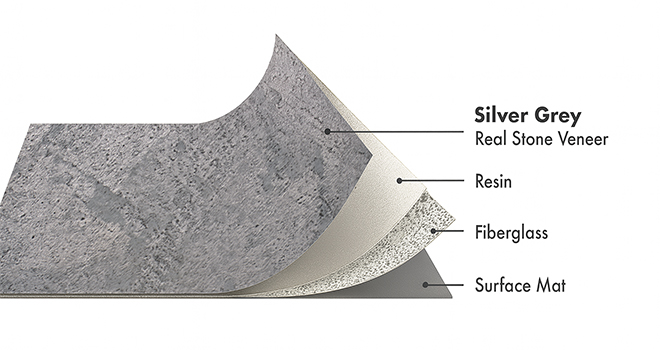 Silver Grey Slate flexible stone veneer layers with real stone, resin, fiberglass, and surface mat by Ryan Stone Creations