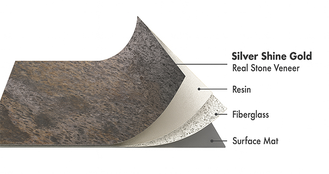 Silver Shine Gold Slate flexible stone veneer layers with real stone, resin, fiberglass, and surface mat by Ryan Stone Creations
