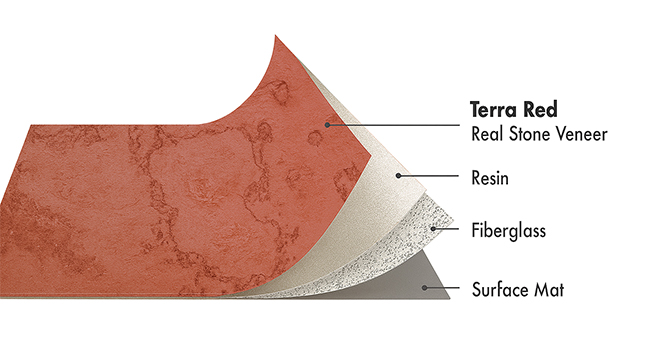Terra Red Slate flexible stone veneer layers with real stone, resin, fiberglass, and surface mat by Ryan Stone Creations