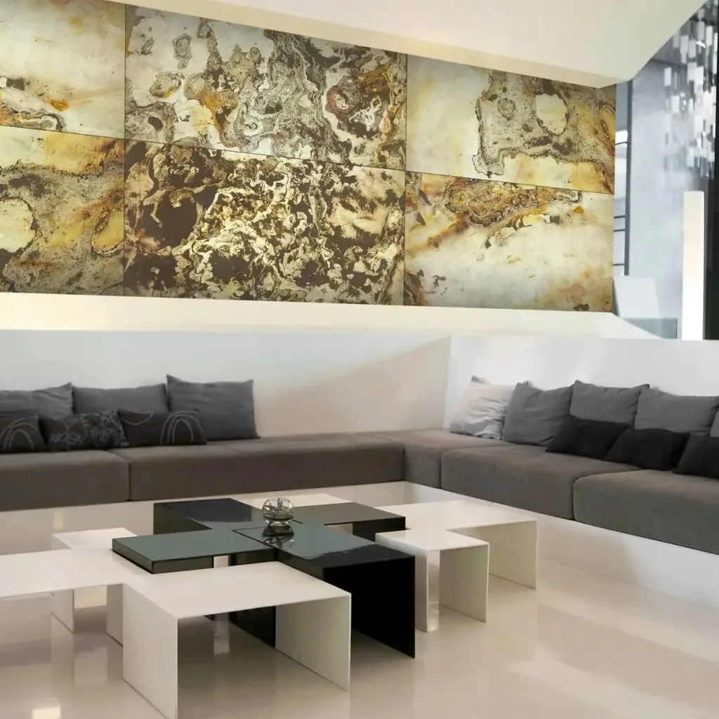 Indian autumn translucent stone veneer used in waiting area of a modern office - By Ryan Stone Creations