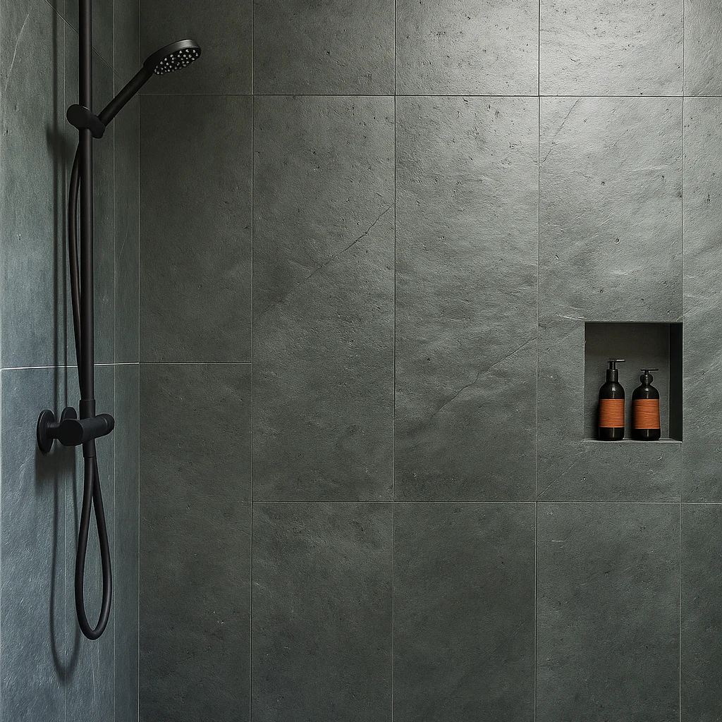 Ryan Stone Creations Product Ocean green slate stone veneer used in Shower wall