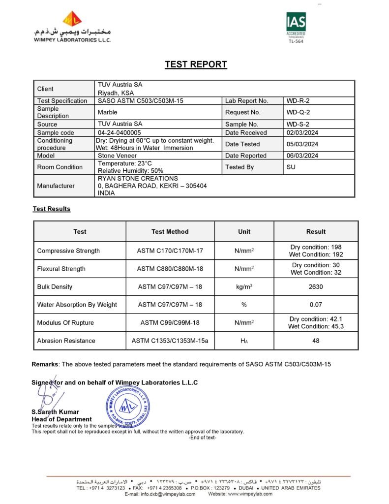 ASTM TEST report by Lab issued to Ryan Stone Creations for flexible stone veneer