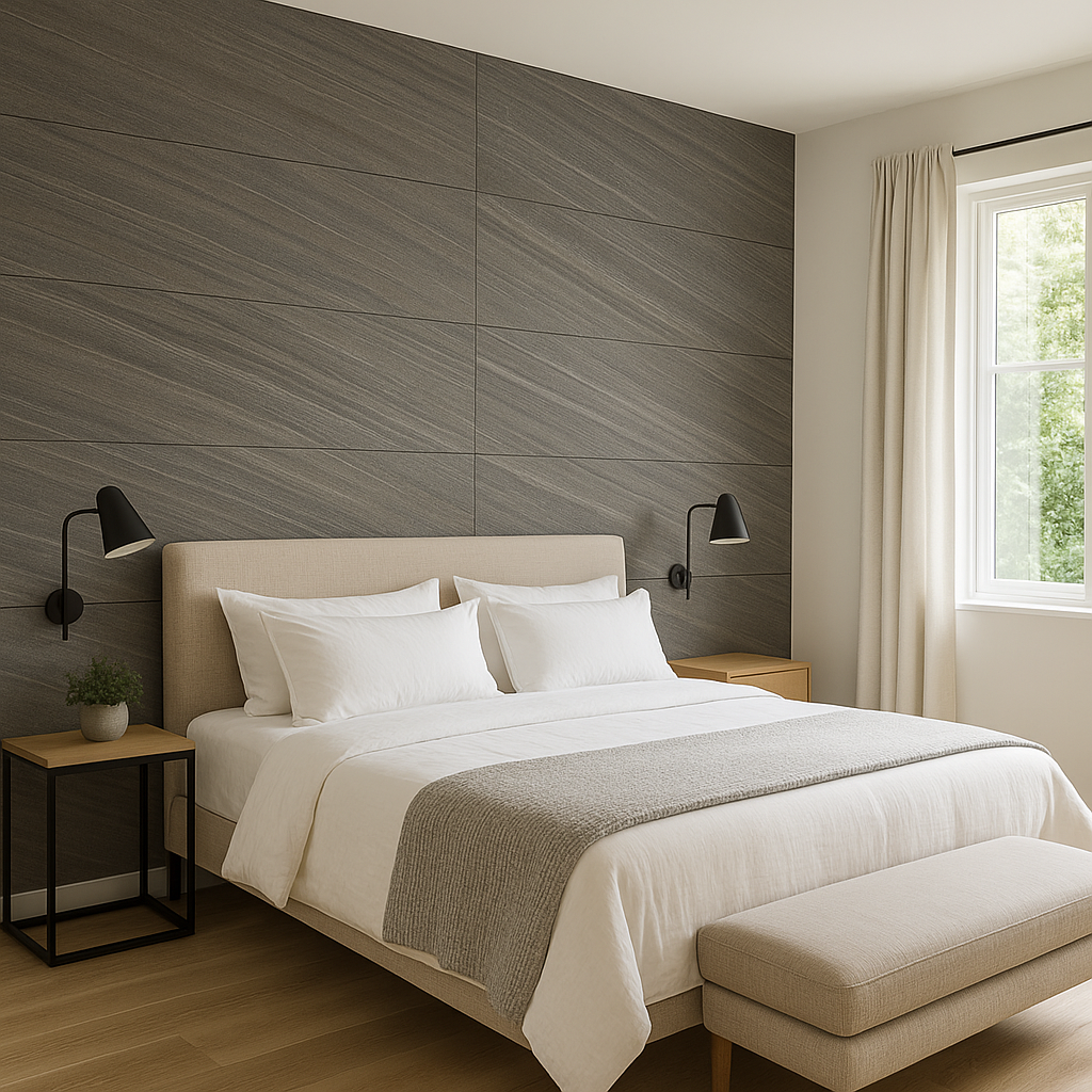 Spider black marble veneer installed on accent wall in a bedroom
