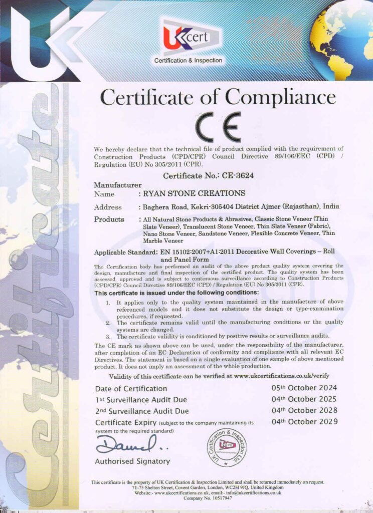 CE Certificate issued to Ryan Stone Creations for flexible stone veneer