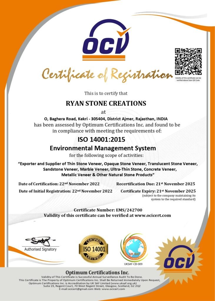ISO Certificate - Ryan stone Creations for Environment Management