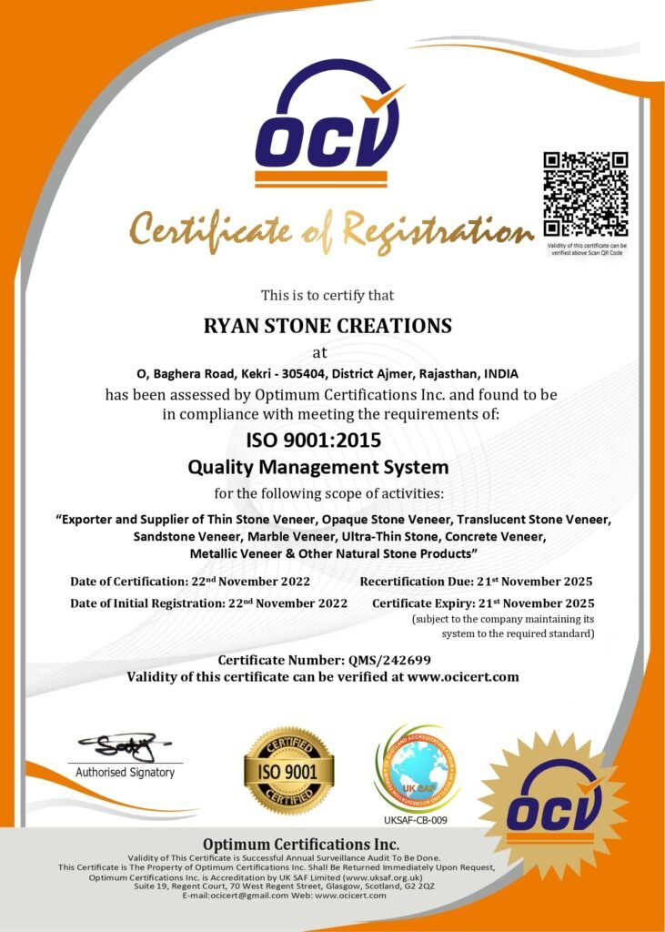ISO Certificate - Ryan Stone Creations for quality management