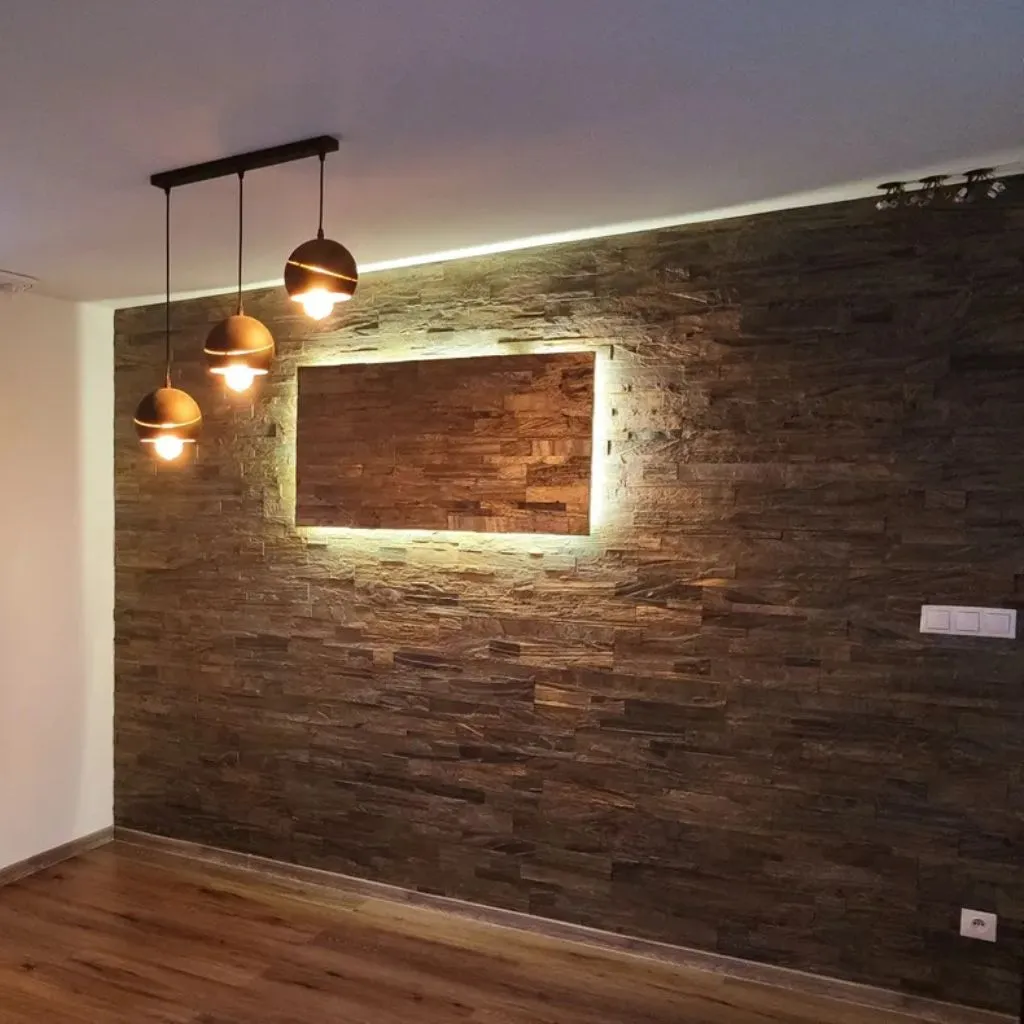 Burning Forest stone veneer 3D peel and stick wall panel on accent wall