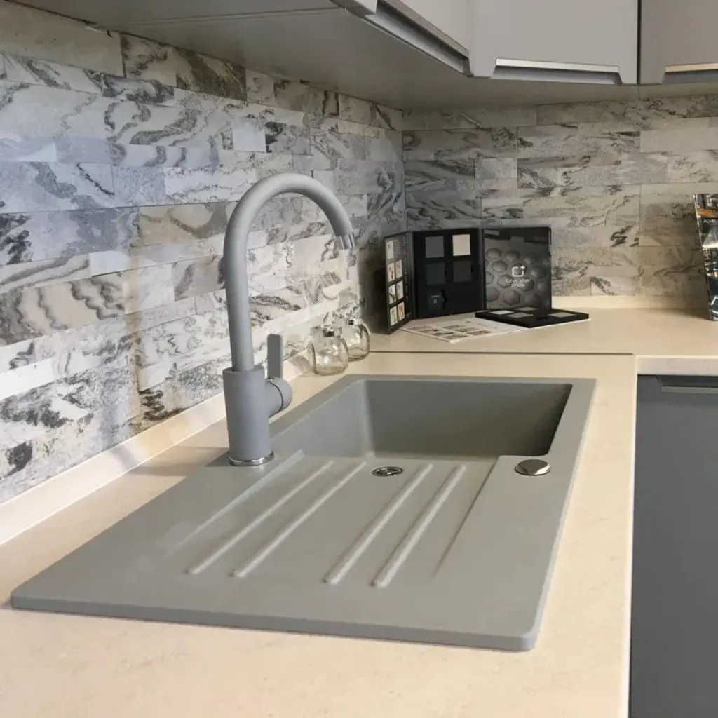 Arctic White Peel & Stick 3D panel on kitchen backsplash - By Ryan Stone Creations