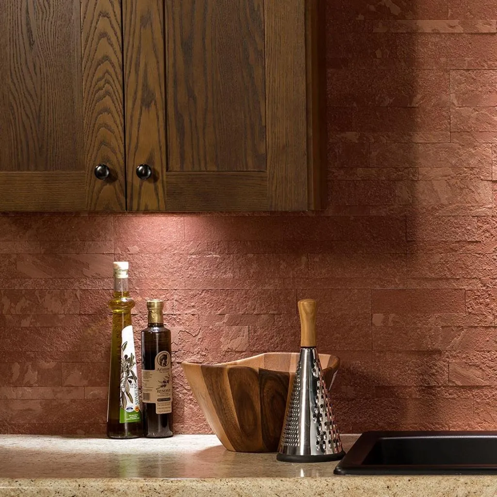 Terra red slate veneer peel and stick panel application on bathroom wall - By Ryan Stone Creations